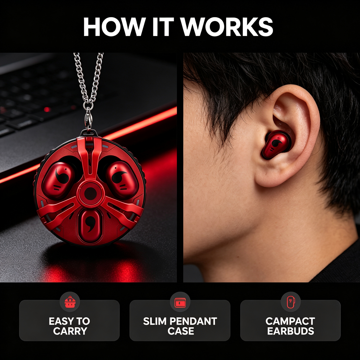 Naruto Anime 3 Earbuds TWS True Wireless Bluetooth Earphones, Unique Round Pendant Charging Case with Necklace Chain, Cool Naruto Collectible Headphones, Gift for Naruto Fans
