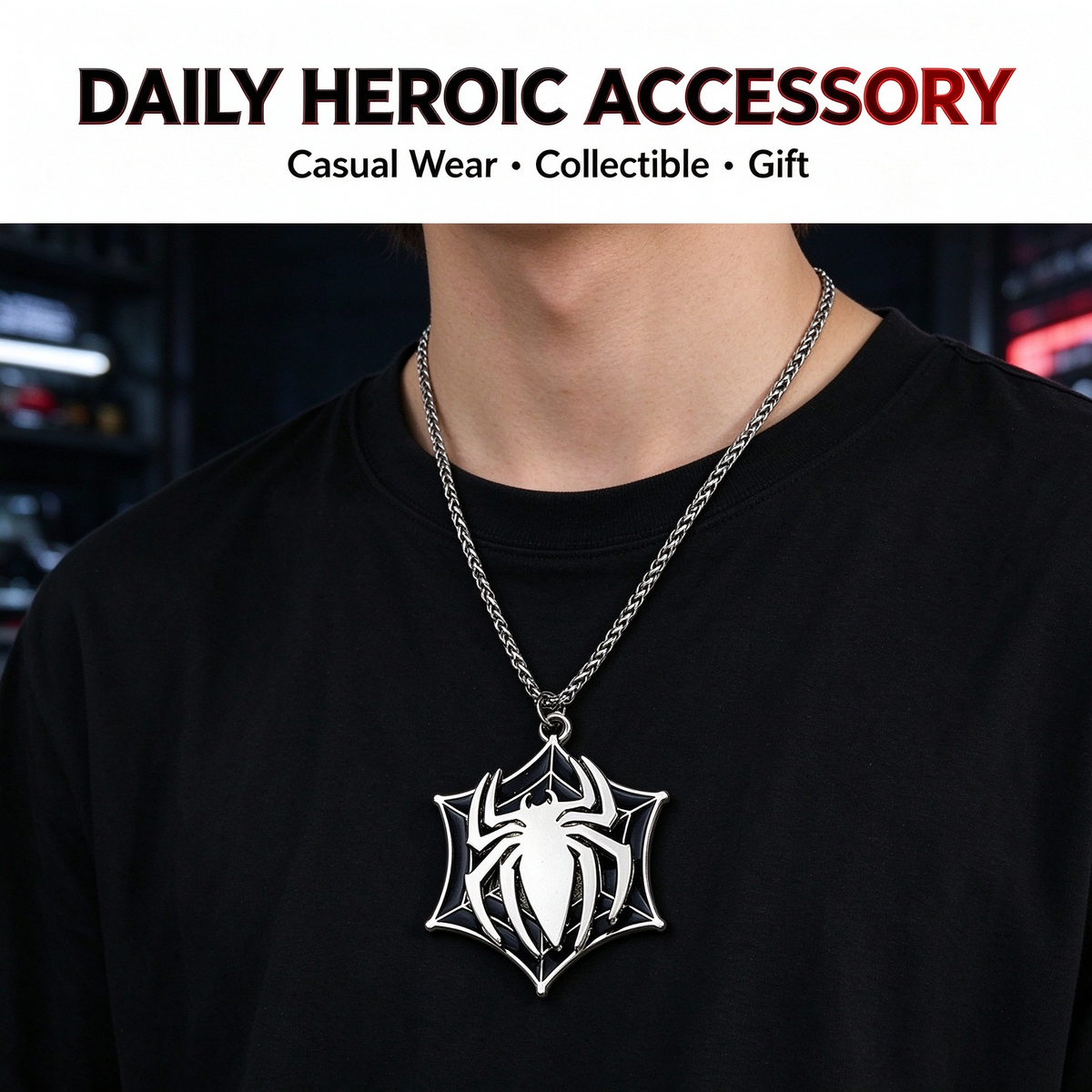 Marvel Spider-Man Pendant Necklace for Men, Vintage Alloy Spider Web Charm Chain, Superhero Spider Symbol Jewelry Gift for Marvel Fans