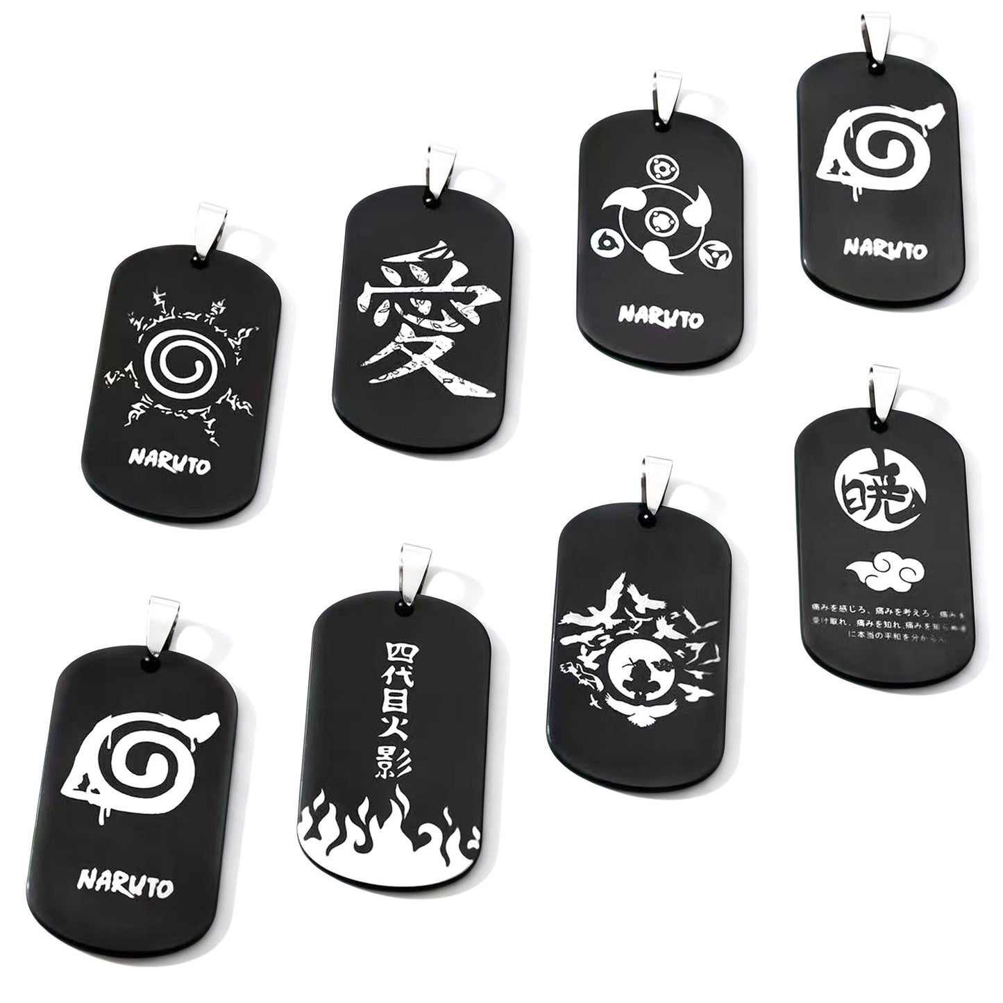 Naruto Anime Characters Double Sided Engraved Dog Tag Necklace, Stainless Steel Black Pendant Chain Necklace, Classic Naruto Shippuden Symbol Jewelry Gifts For Men Teens Anime Fans Cosplay Accessories