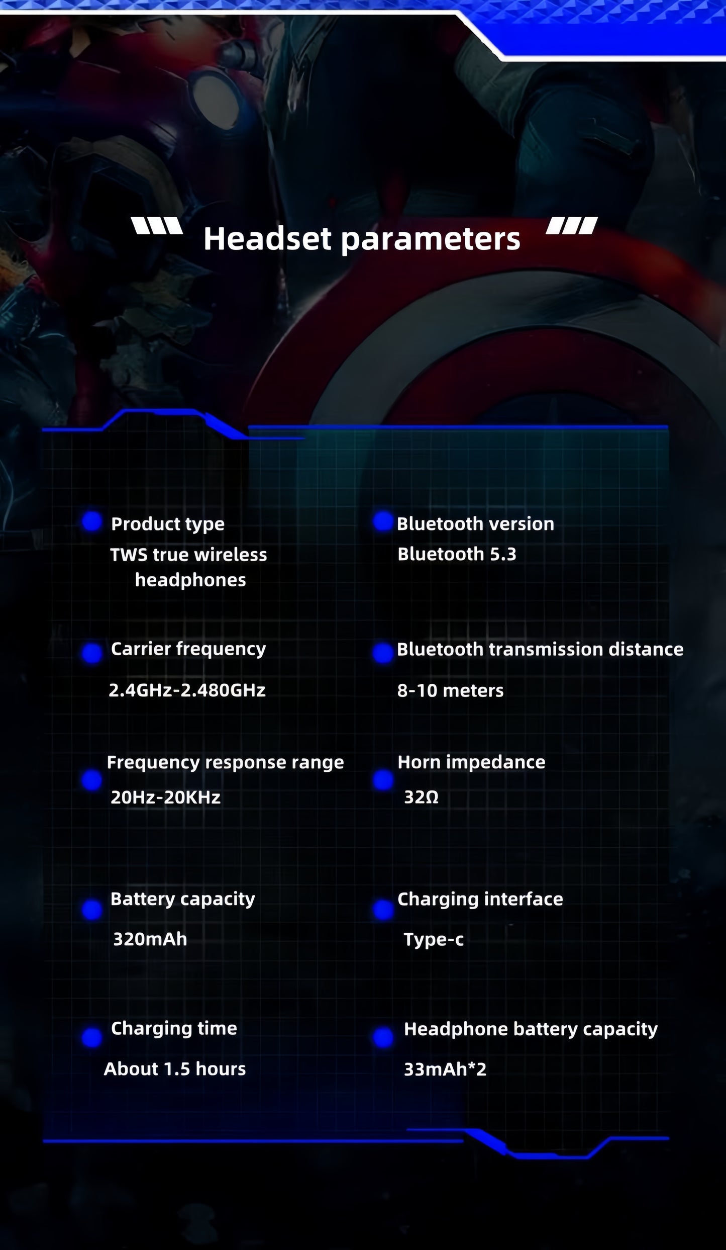 Marvel Iron Man Captain America TWS Wireless Bluetooth 5.3 Earbuds, Mecha Style Protective Charging Case, Low Latency Gaming Semi‑in‑Ear Headset with HiFi Stereo Sound For Anime Fans Daily Use