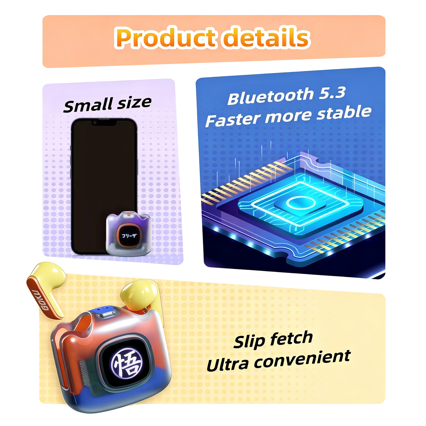 Dragon Ball Son Goku Frieza TWS Wireless Bluetooth 5.3 Earbuds, Transparent Glowing Light Screen Charging Case, Portable Semi‑in‑Ear Anime Headset For Sports Gaming Daily Use