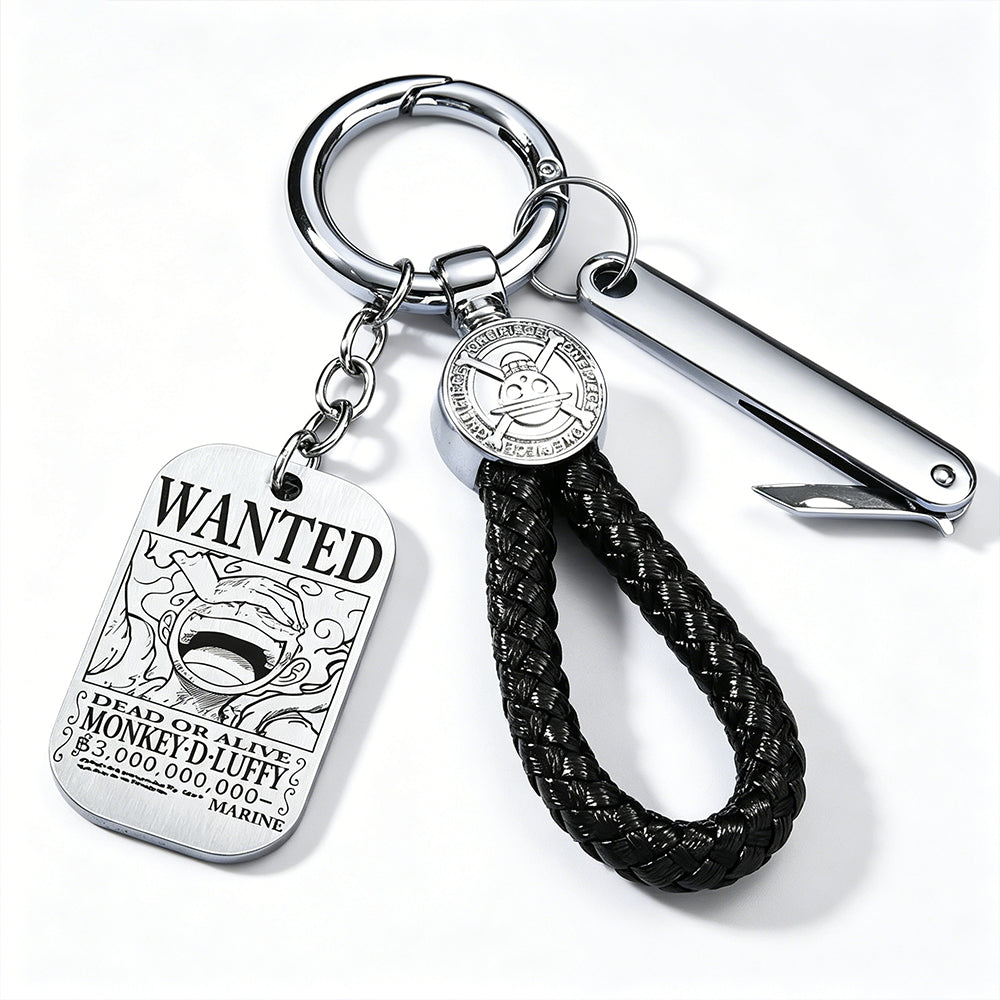 One Piece Monkey D Luffy Anime Wanted Poster Dog Tag Keychain, Stainless Steel Engraved Pendant Key Ring With Braided Rope Mini Knife Collectible Gift Box Key Accessory