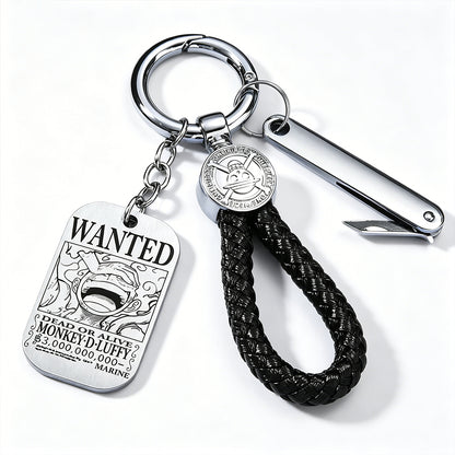 One Piece Monkey D Luffy Anime Wanted Poster Dog Tag Keychain, Stainless Steel Engraved Pendant Key Ring With Braided Rope Mini Knife Collectible Gift Box Key Accessory