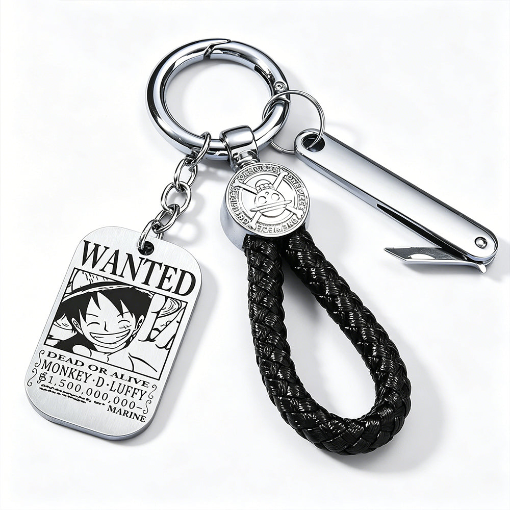 One Piece Monkey D Luffy Anime Wanted Poster Dog Tag Keychain, Stainless Steel Engraved Pendant Key Ring With Braided Rope Mini Knife Collectible Gift Box Key Accessory