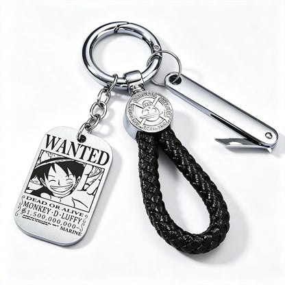 One Piece Monkey D Luffy Anime Wanted Poster Dog Tag Keychain, Stainless Steel Engraved Pendant Key Ring With Braided Rope Mini Knife Collectible Gift Box Key Accessory