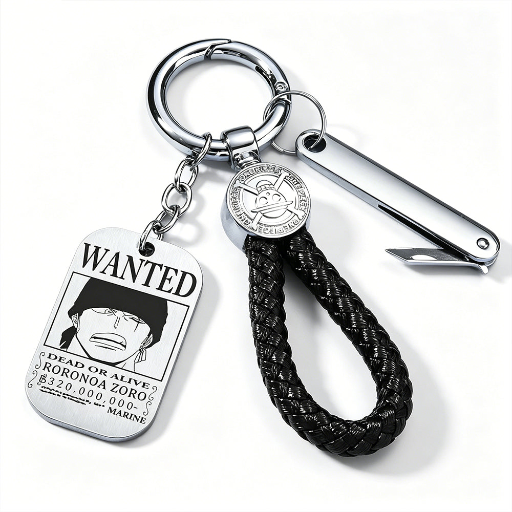 One Piece Monkey D Luffy Anime Wanted Poster Dog Tag Keychain, Stainless Steel Engraved Pendant Key Ring With Braided Rope Mini Knife Collectible Gift Box Key Accessory