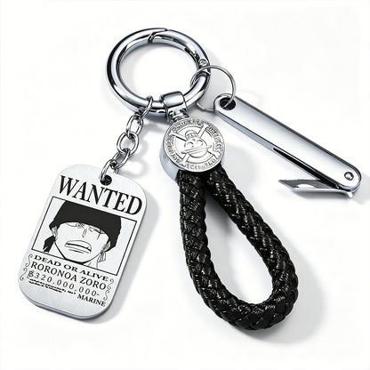 One Piece Monkey D Luffy Anime Wanted Poster Dog Tag Keychain, Stainless Steel Engraved Pendant Key Ring With Braided Rope Mini Knife Collectible Gift Box Key Accessory