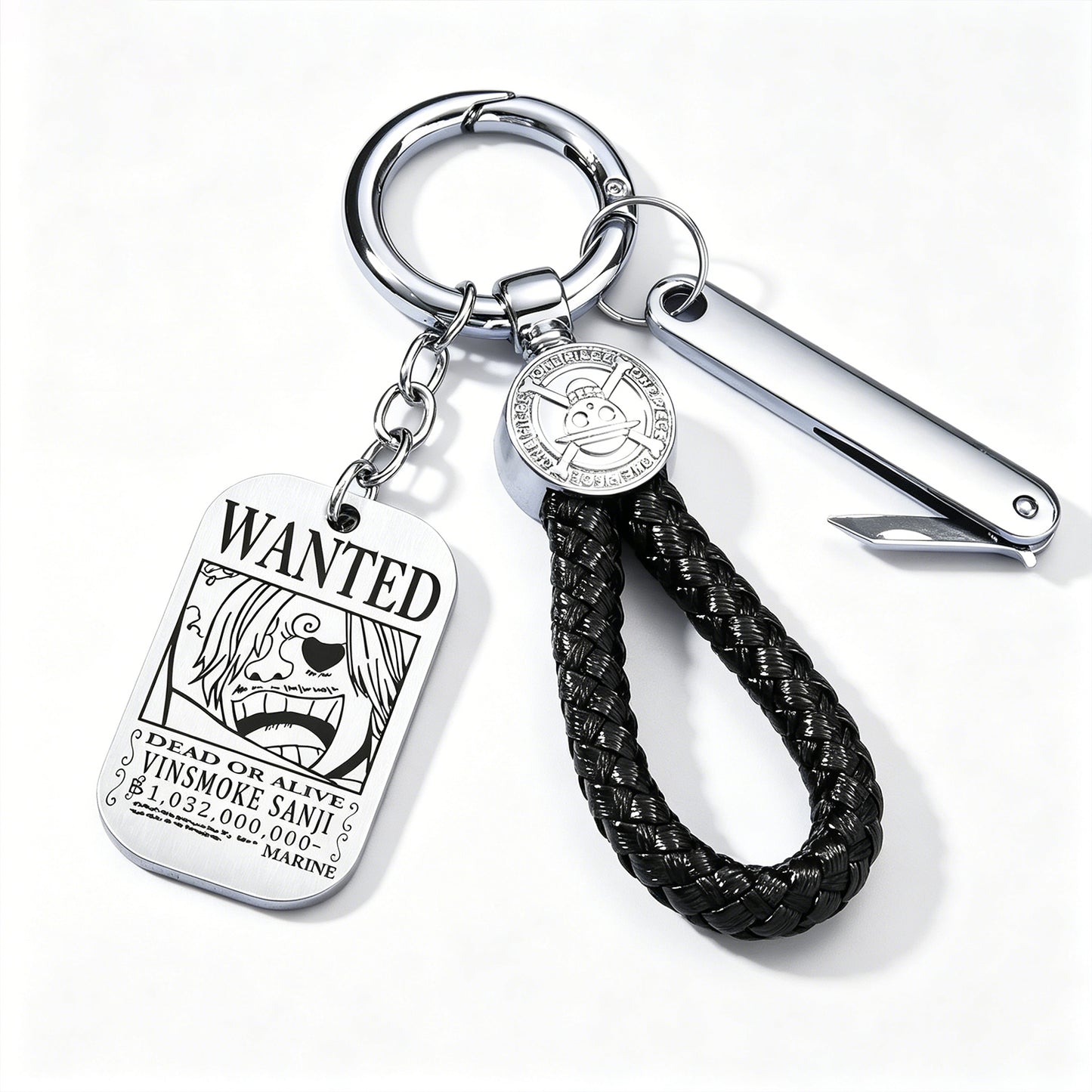 One Piece Monkey D Luffy Anime Wanted Poster Dog Tag Keychain, Stainless Steel Engraved Pendant Key Ring With Braided Rope Mini Knife Collectible Gift Box Key Accessory