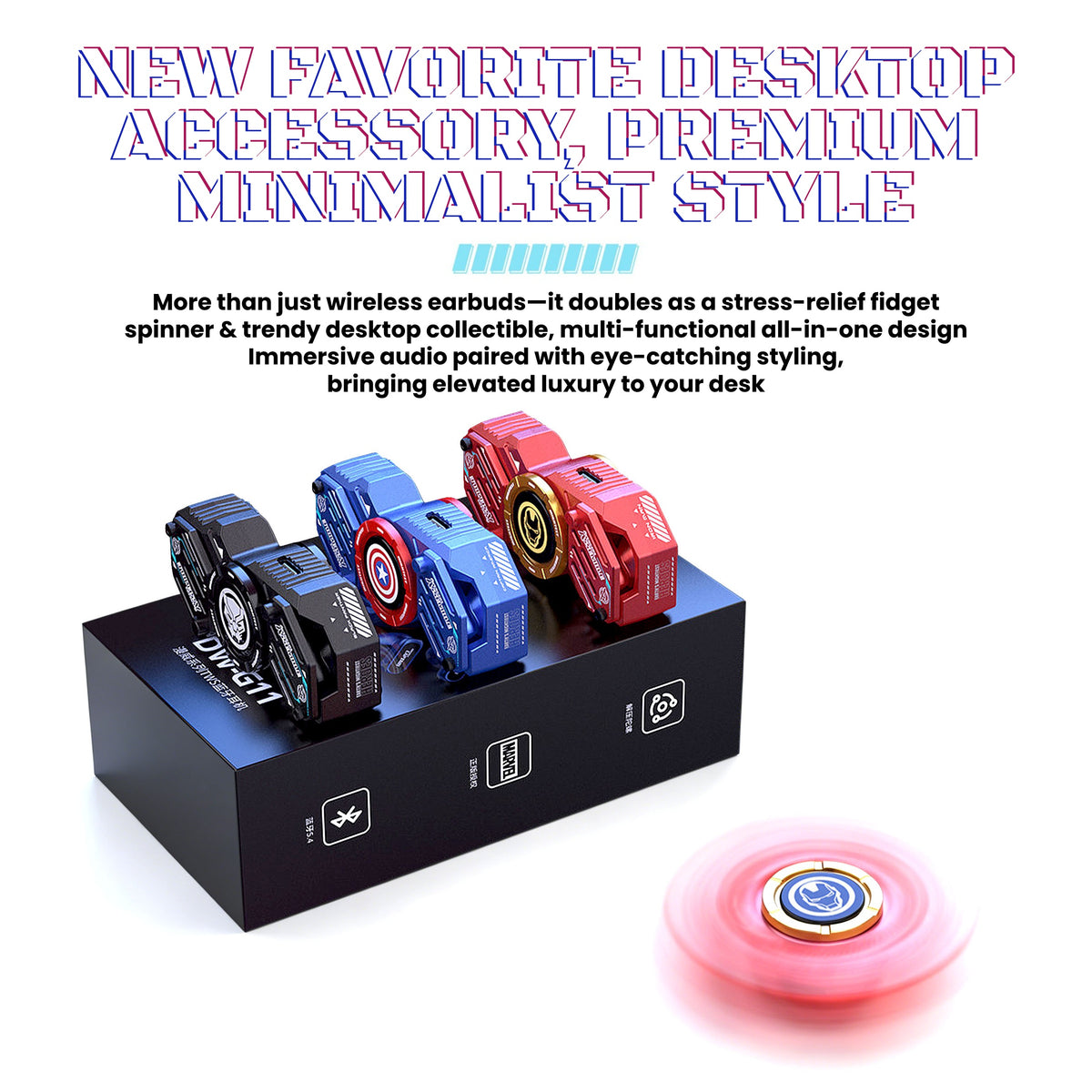 Marvel Iron Man DW-G11 Fidget Spinner Wireless Bluetooth Earbuds, Zinc Alloy Stress Relief Fidget Toy Bluetooth 5.4 Gaming Headphones Touch Control Type-C Fast Charging Collectible Gift for Men Fans