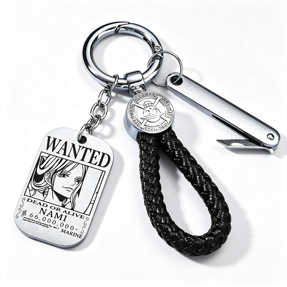 One Piece Monkey D Luffy Anime Wanted Poster Dog Tag Keychain, Stainless Steel Engraved Pendant Key Ring With Braided Rope Mini Knife Collectible Gift Box Key Accessory