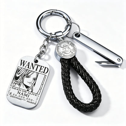 One Piece Monkey D Luffy Anime Wanted Poster Dog Tag Keychain, Stainless Steel Engraved Pendant Key Ring With Braided Rope Mini Knife Collectible Gift Box Key Accessory