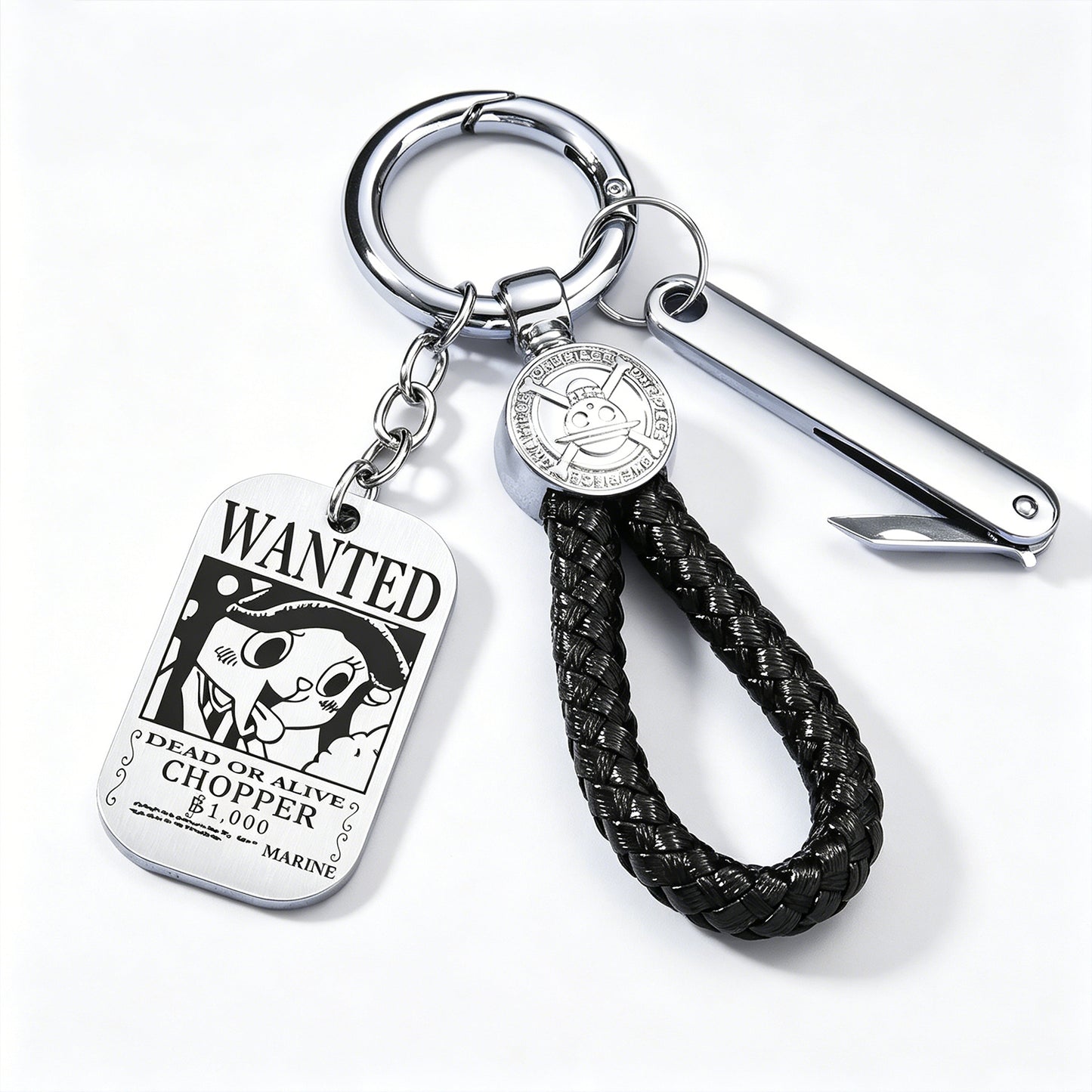One Piece Monkey D Luffy Anime Wanted Poster Dog Tag Keychain, Stainless Steel Engraved Pendant Key Ring With Braided Rope Mini Knife Collectible Gift Box Key Accessory