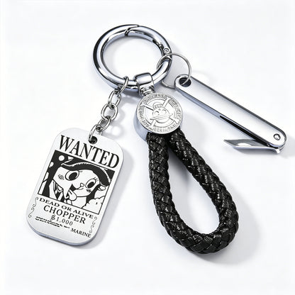 One Piece Monkey D Luffy Anime Wanted Poster Dog Tag Keychain, Stainless Steel Engraved Pendant Key Ring With Braided Rope Mini Knife Collectible Gift Box Key Accessory