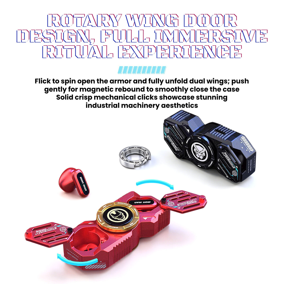 Marvel Iron Man DW-G11 Fidget Spinner Wireless Bluetooth Earbuds, Zinc Alloy Stress Relief Fidget Toy Bluetooth 5.4 Gaming Headphones Touch Control Type-C Fast Charging Collectible Gift for Men Fans