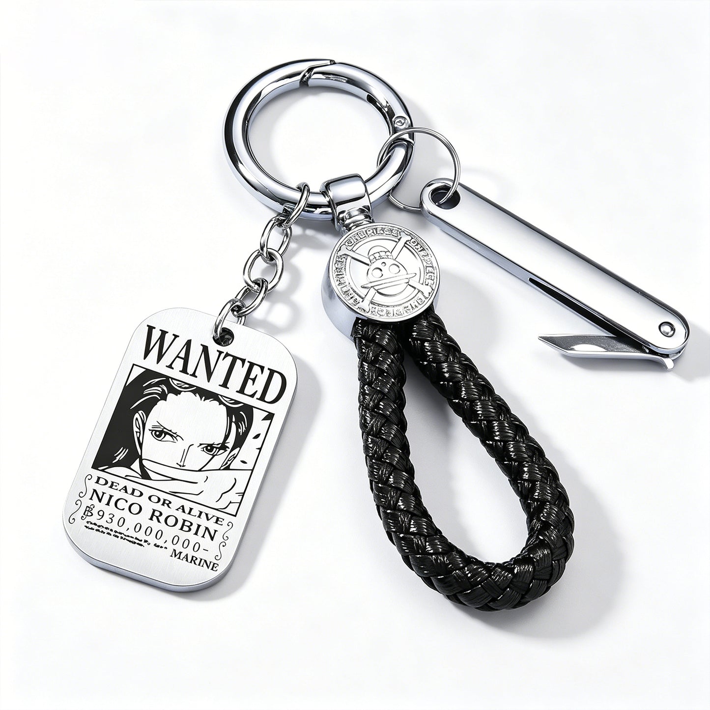 One Piece Monkey D Luffy Anime Wanted Poster Dog Tag Keychain, Stainless Steel Engraved Pendant Key Ring With Braided Rope Mini Knife Collectible Gift Box Key Accessory