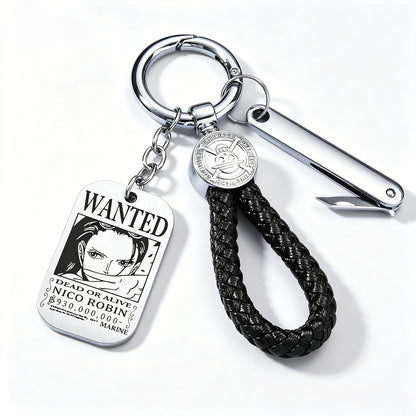 One Piece Monkey D Luffy Anime Wanted Poster Dog Tag Keychain, Stainless Steel Engraved Pendant Key Ring With Braided Rope Mini Knife Collectible Gift Box Key Accessory