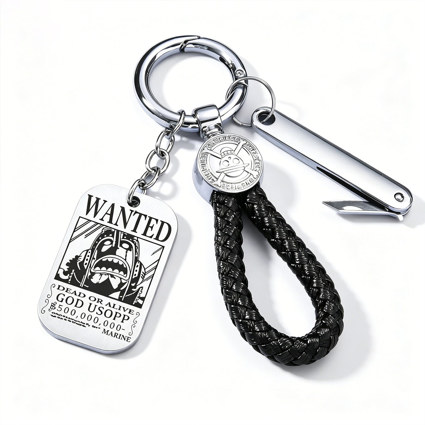 One Piece Monkey D Luffy Anime Wanted Poster Dog Tag Keychain, Stainless Steel Engraved Pendant Key Ring With Braided Rope Mini Knife Collectible Gift Box Key Accessory