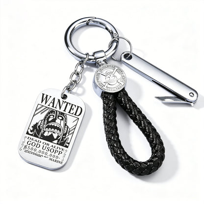 One Piece Monkey D Luffy Anime Wanted Poster Dog Tag Keychain, Stainless Steel Engraved Pendant Key Ring With Braided Rope Mini Knife Collectible Gift Box Key Accessory