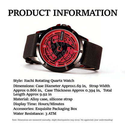 Naruto Itachi Rotating Dial Quartz Watch, 3ATM Waterproof Anime Wrist Watch, Silicone Strap Alloy Case Collectible Analog Watch Gift for Naruto Anime Fans Men Teenagers
