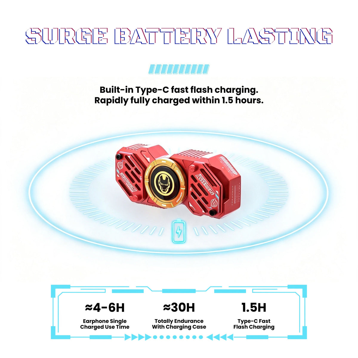 Marvel Iron Man DW-G11 Fidget Spinner Wireless Bluetooth Earbuds, Zinc Alloy Stress Relief Fidget Toy Bluetooth 5.4 Gaming Headphones Touch Control Type-C Fast Charging Collectible Gift for Men Fans