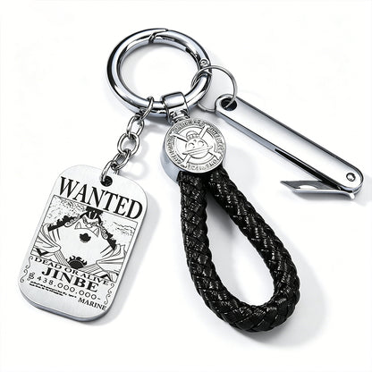 One Piece Monkey D Luffy Anime Wanted Poster Dog Tag Keychain, Stainless Steel Engraved Pendant Key Ring With Braided Rope Mini Knife Collectible Gift Box Key Accessory