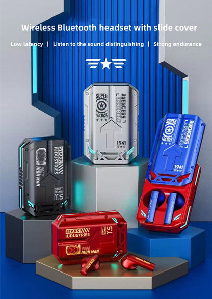 Marvel Iron Man & Captain America TWS Wireless Bluetooth 5.3 Headphones, Slide Cover Gaming Earbuds, Low Latency ENC Call Noise Reduction, 13mm Dynamic Driver Bass Earphones for Android iOS