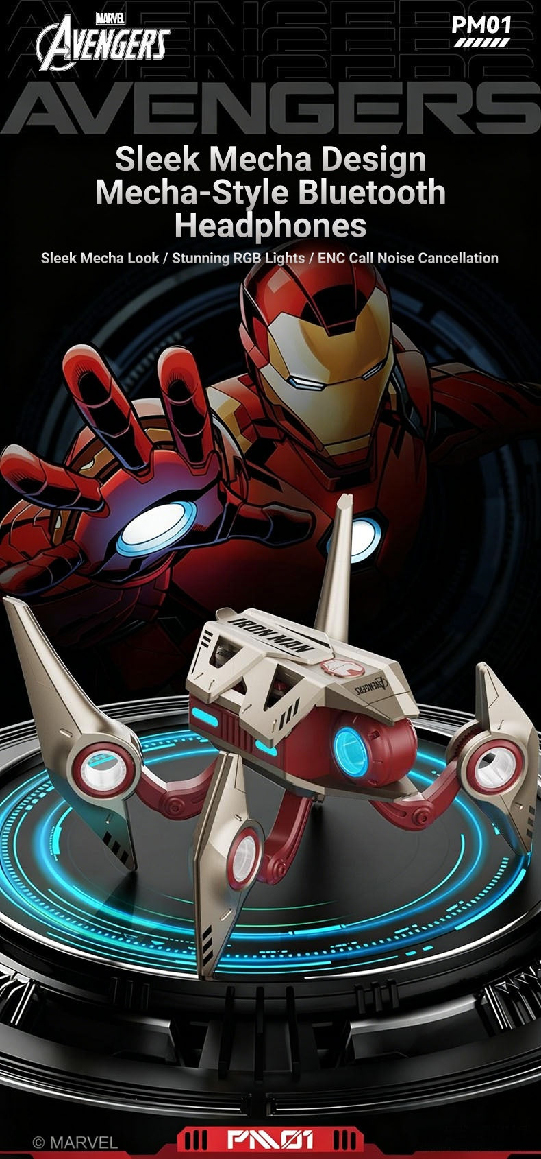 Marvel Avengers Iron Man Wireless Bluetooth 5.4 Headphones, Mecha‑Style TWS Gaming Earbuds With RGB Light, ENC Noise Cancelling, Low Latency Dual Mode Stereo Earphones For Sport Gaming Music