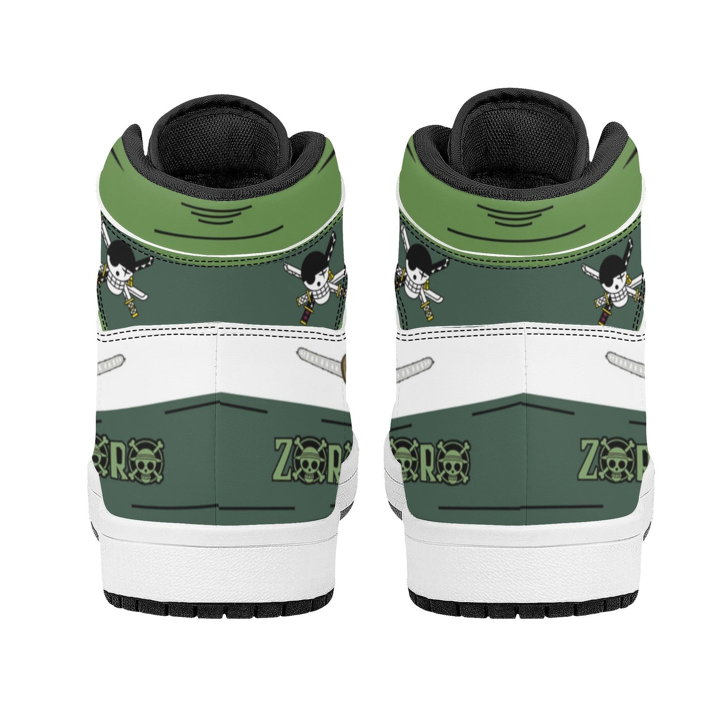 One Piece Roronoa Zoro Three Swords Style Anime Print High Top Sneakers, Straw Hat Pirates Skull Logo Casual Street Skate Shoes