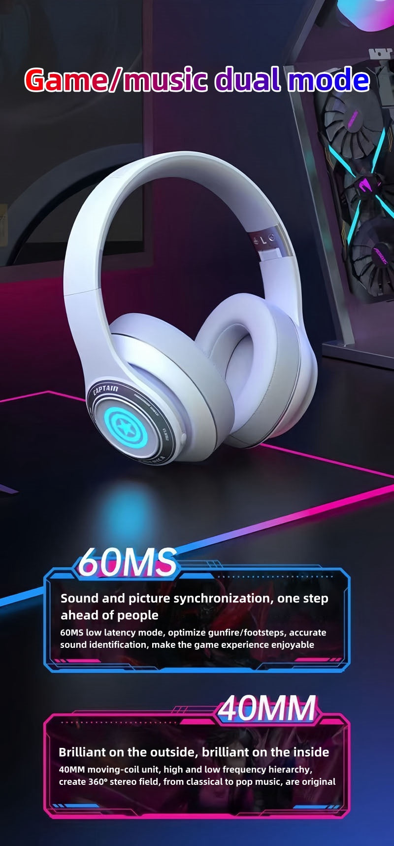 Marvel Iron Man Captain America Over‑Ear Bluetooth Headphones, RGB LED Light Gaming Headset, Bluetooth 5.3, 60MS Low Latency, 40MM Driver, Foldable Wireless Wired Mode Headphones for Game Music