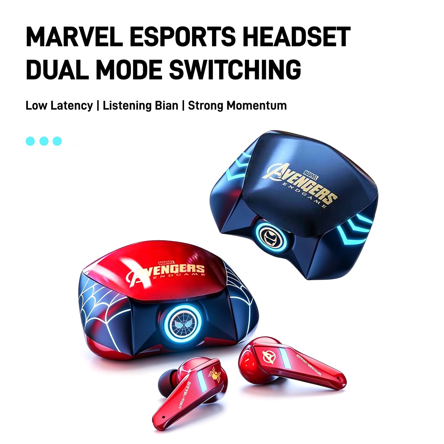 Marvel Spider-Man Iron Man TWS Gaming Bluetooth Earbuds, Low Latency Dual Mode Noise Cancelling Wireless Headphones with RGB Light Charging Case