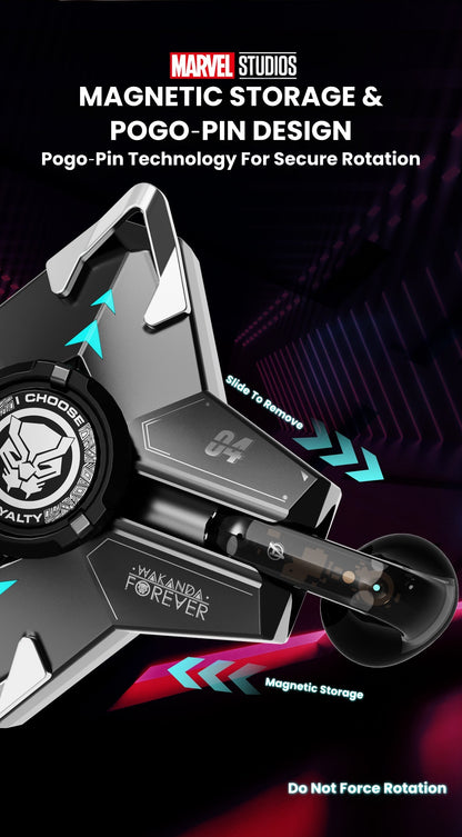 Marvel Iron‑Man Black Panther Spinner Wireless Bluetooth 5.3 Earbuds Fidget Spinner Toy Charging Case Stereo Gaming Headphones With Colorful LED Light For Anime Fans