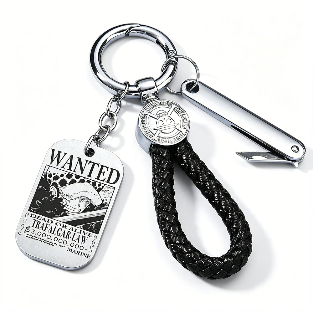 One Piece Monkey D Luffy Anime Wanted Poster Dog Tag Keychain, Stainless Steel Engraved Pendant Key Ring With Braided Rope Mini Knife Collectible Gift Box Key Accessory