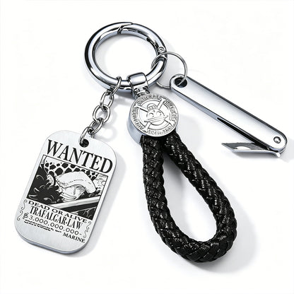 One Piece Monkey D Luffy Anime Wanted Poster Dog Tag Keychain, Stainless Steel Engraved Pendant Key Ring With Braided Rope Mini Knife Collectible Gift Box Key Accessory