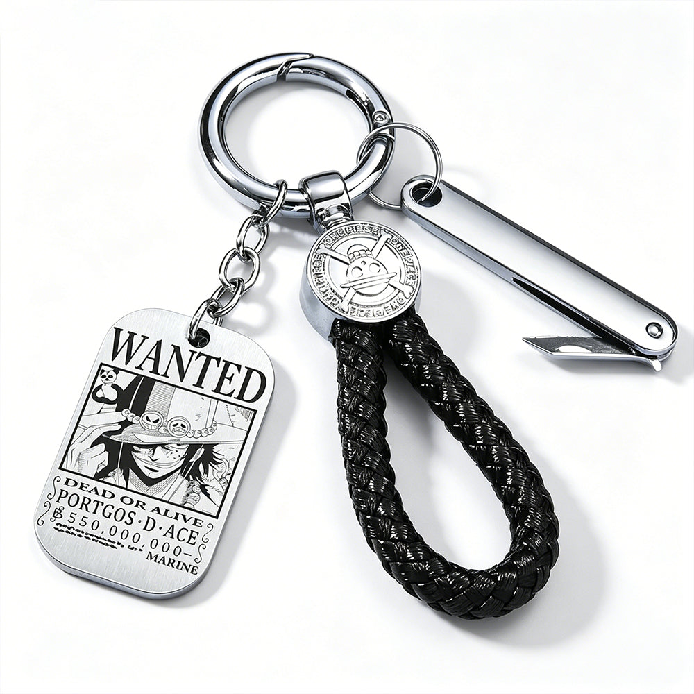 One Piece Monkey D Luffy Anime Wanted Poster Dog Tag Keychain, Stainless Steel Engraved Pendant Key Ring With Braided Rope Mini Knife Collectible Gift Box Key Accessory