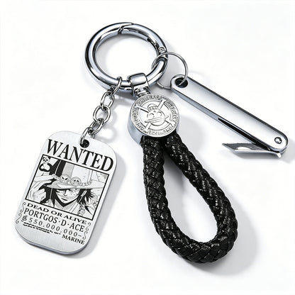 One Piece Monkey D Luffy Anime Wanted Poster Dog Tag Keychain, Stainless Steel Engraved Pendant Key Ring With Braided Rope Mini Knife Collectible Gift Box Key Accessory
