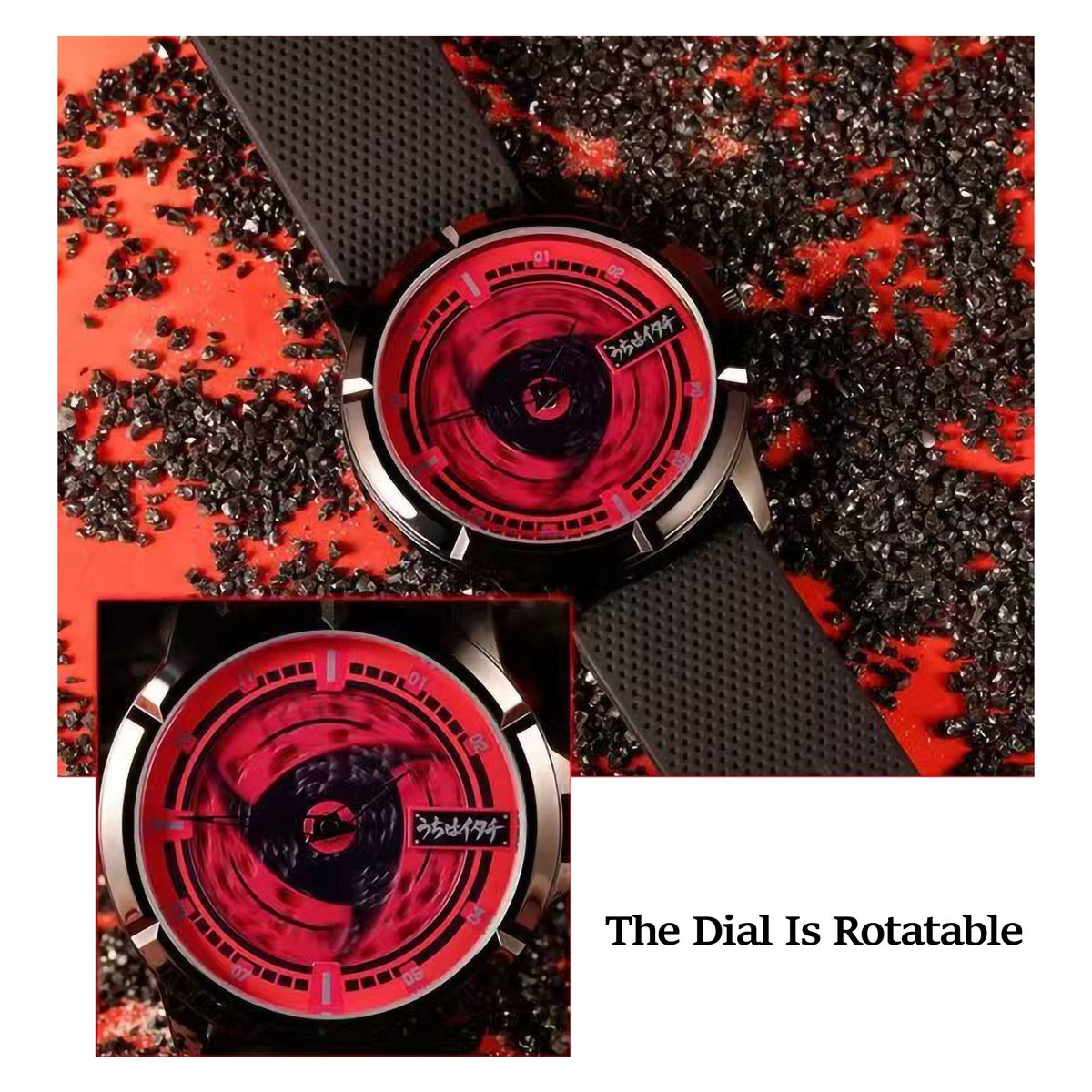 Naruto Itachi Rotating Dial Quartz Watch, 3ATM Waterproof Anime Wrist Watch, Silicone Strap Alloy Case Collectible Analog Watch Gift for Naruto Anime Fans Men Teenagers