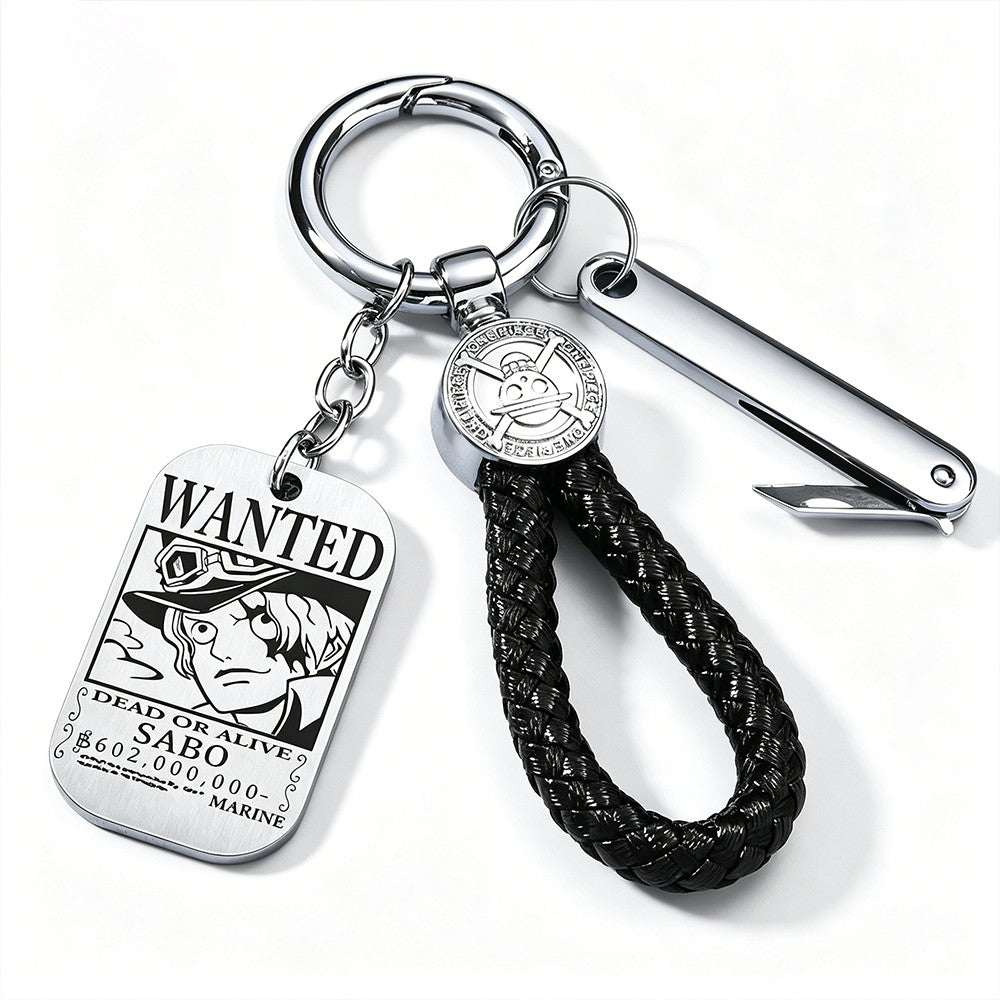 One Piece Monkey D Luffy Anime Wanted Poster Dog Tag Keychain, Stainless Steel Engraved Pendant Key Ring With Braided Rope Mini Knife Collectible Gift Box Key Accessory