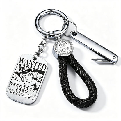 One Piece Monkey D Luffy Anime Wanted Poster Dog Tag Keychain, Stainless Steel Engraved Pendant Key Ring With Braided Rope Mini Knife Collectible Gift Box Key Accessory
