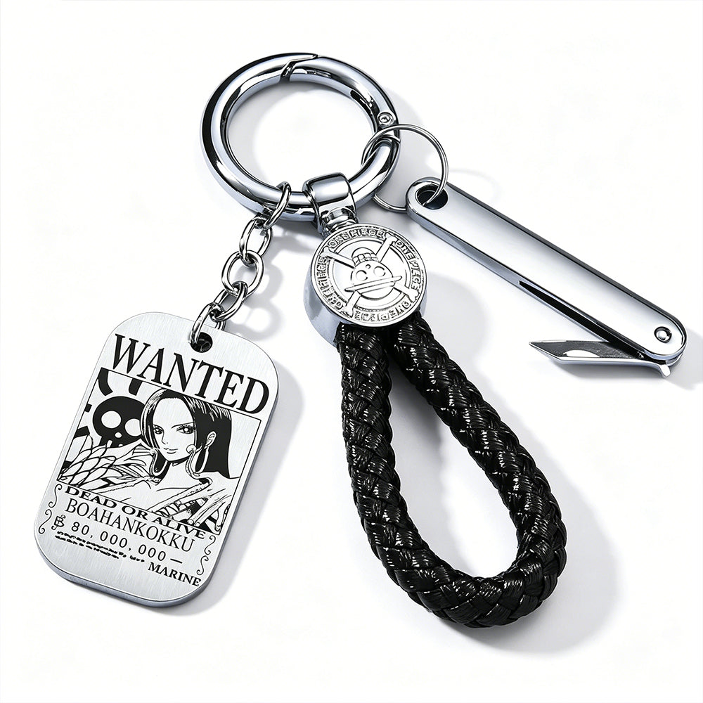 One Piece Monkey D Luffy Anime Wanted Poster Dog Tag Keychain, Stainless Steel Engraved Pendant Key Ring With Braided Rope Mini Knife Collectible Gift Box Key Accessory