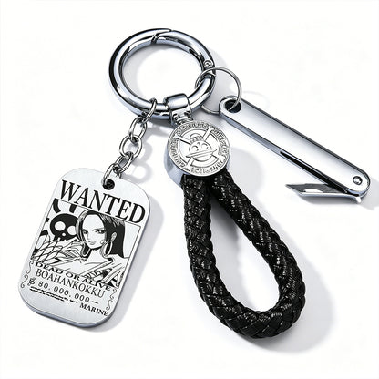 One Piece Monkey D Luffy Anime Wanted Poster Dog Tag Keychain, Stainless Steel Engraved Pendant Key Ring With Braided Rope Mini Knife Collectible Gift Box Key Accessory