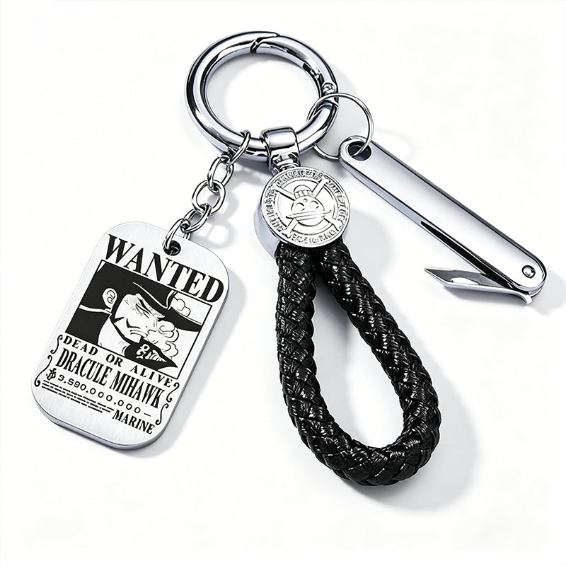 One Piece Monkey D Luffy Anime Wanted Poster Dog Tag Keychain, Stainless Steel Engraved Pendant Key Ring With Braided Rope Mini Knife Collectible Gift Box Key Accessory