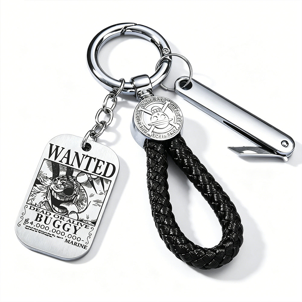 One Piece Monkey D Luffy Anime Wanted Poster Dog Tag Keychain, Stainless Steel Engraved Pendant Key Ring With Braided Rope Mini Knife Collectible Gift Box Key Accessory