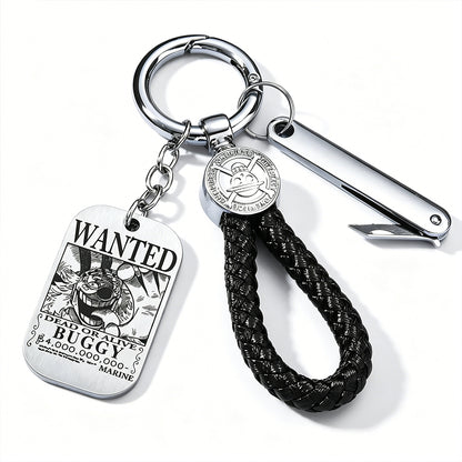 One Piece Monkey D Luffy Anime Wanted Poster Dog Tag Keychain, Stainless Steel Engraved Pendant Key Ring With Braided Rope Mini Knife Collectible Gift Box Key Accessory