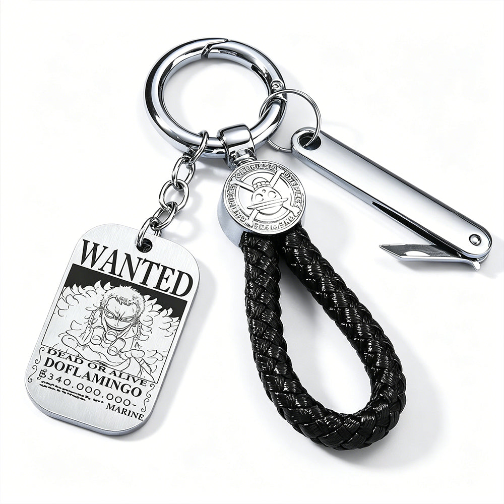 One Piece Monkey D Luffy Anime Wanted Poster Dog Tag Keychain, Stainless Steel Engraved Pendant Key Ring With Braided Rope Mini Knife Collectible Gift Box Key Accessory