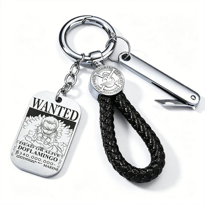 One Piece Monkey D Luffy Anime Wanted Poster Dog Tag Keychain, Stainless Steel Engraved Pendant Key Ring With Braided Rope Mini Knife Collectible Gift Box Key Accessory
