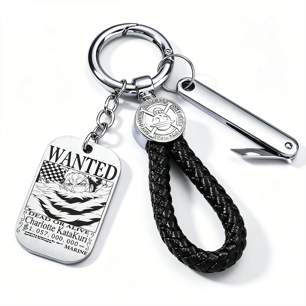 One Piece Monkey D Luffy Anime Wanted Poster Dog Tag Keychain, Stainless Steel Engraved Pendant Key Ring With Braided Rope Mini Knife Collectible Gift Box Key Accessory