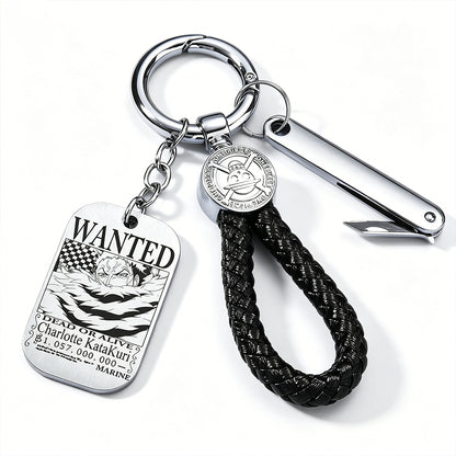 One Piece Monkey D Luffy Anime Wanted Poster Dog Tag Keychain, Stainless Steel Engraved Pendant Key Ring With Braided Rope Mini Knife Collectible Gift Box Key Accessory