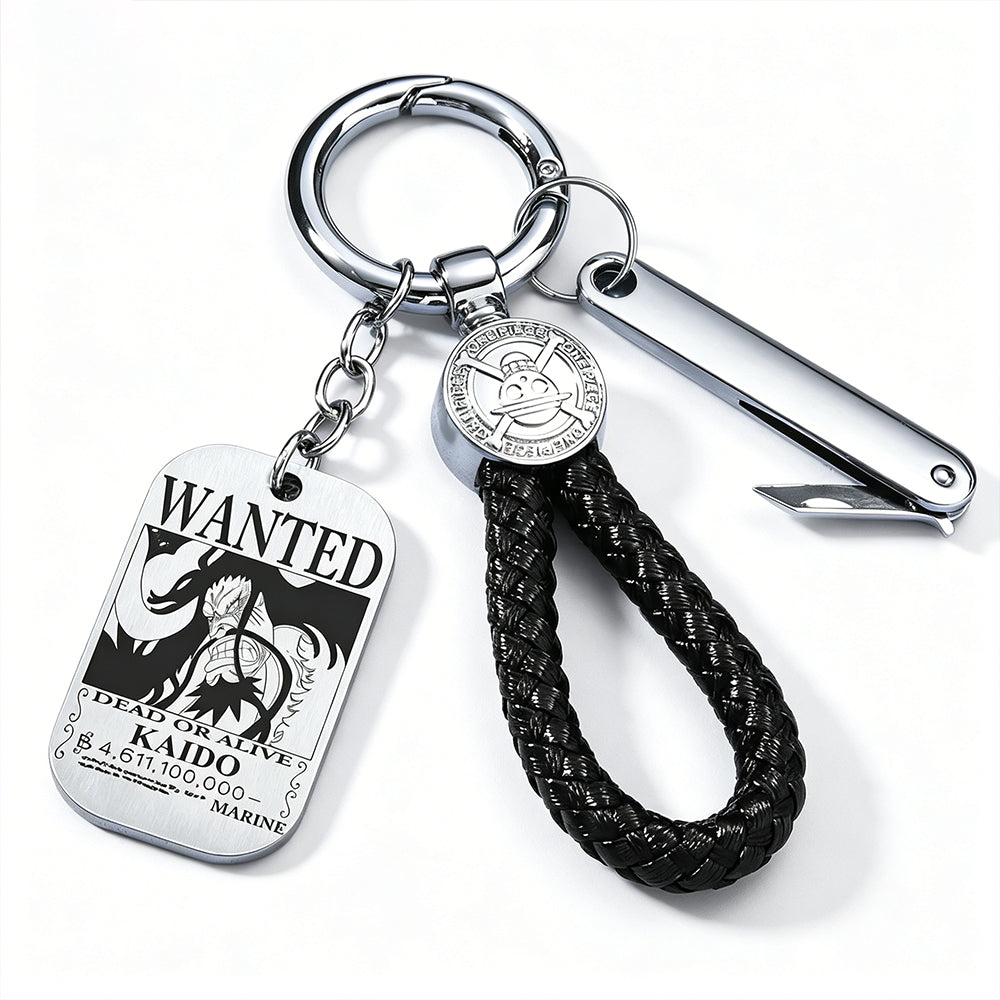 One Piece Monkey D Luffy Anime Wanted Poster Dog Tag Keychain, Stainless Steel Engraved Pendant Key Ring With Braided Rope Mini Knife Collectible Gift Box Key Accessory