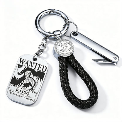 One Piece Monkey D Luffy Anime Wanted Poster Dog Tag Keychain, Stainless Steel Engraved Pendant Key Ring With Braided Rope Mini Knife Collectible Gift Box Key Accessory