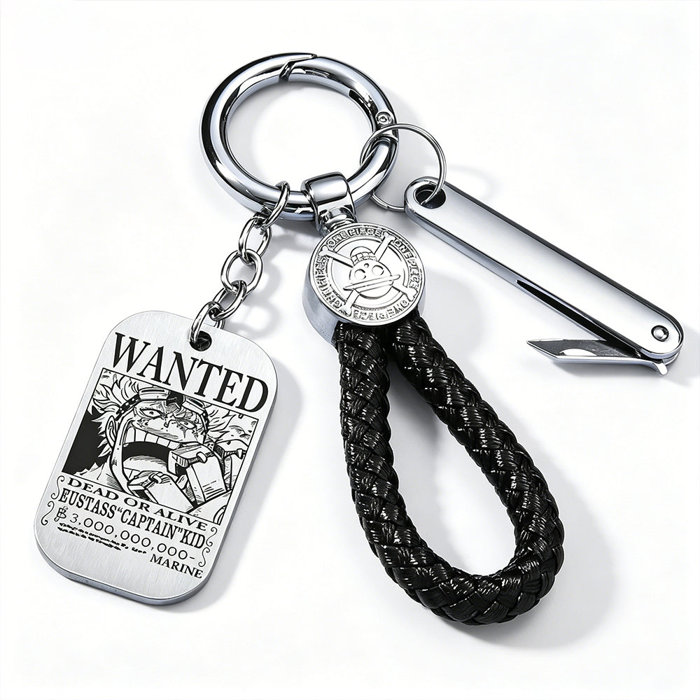 One Piece Monkey D Luffy Anime Wanted Poster Dog Tag Keychain, Stainless Steel Engraved Pendant Key Ring With Braided Rope Mini Knife Collectible Gift Box Key Accessory